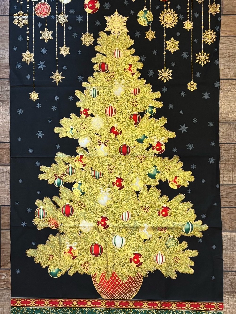 Gold Christmas Tree Fabric Panel - Holiday Quilting and Sewing
